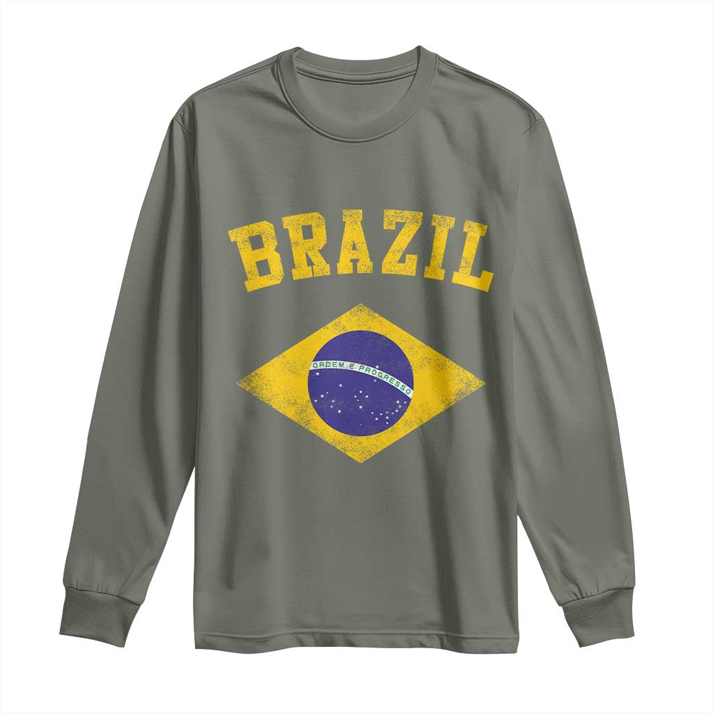 Vintage Brazil Flag Patriotic Brazilian Pride Long Sleeve Shirt TS11 Military Green Print Your Wear
