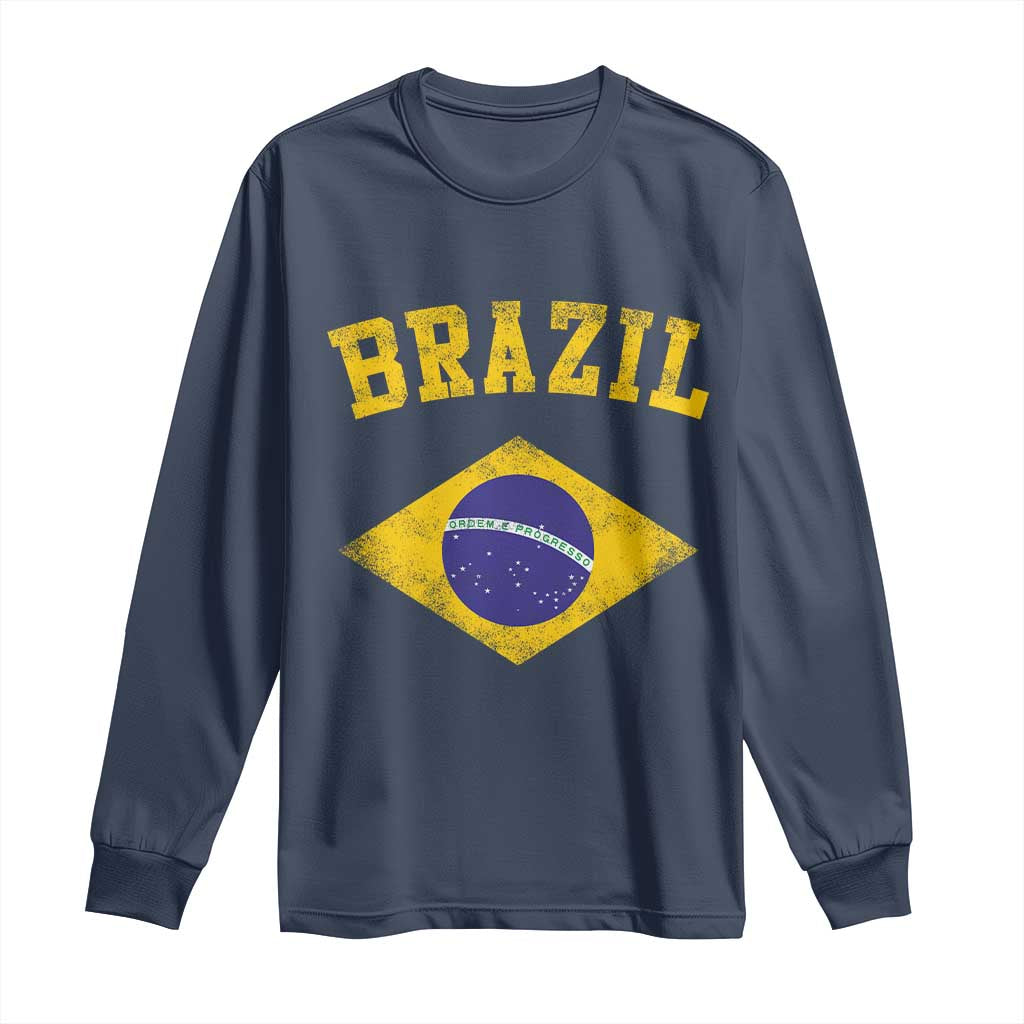 Vintage Brazil Flag Patriotic Brazilian Pride Long Sleeve Shirt TS11 Navy Print Your Wear