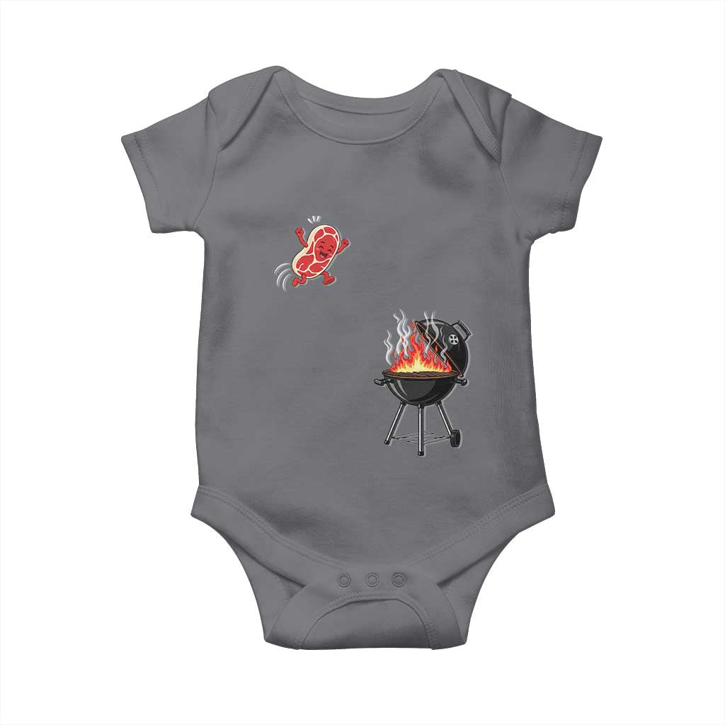 Funny BBQ Steak Meme Cute Meat Jumping Into Grill Baby Onesie TS11 Charcoal Print Your Wear