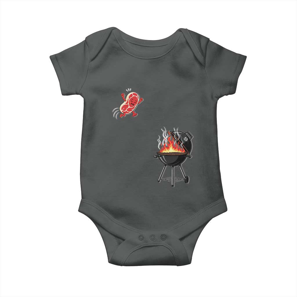 Funny BBQ Steak Meme Cute Meat Jumping Into Grill Baby Onesie TS11 Dark Heather Print Your Wear
