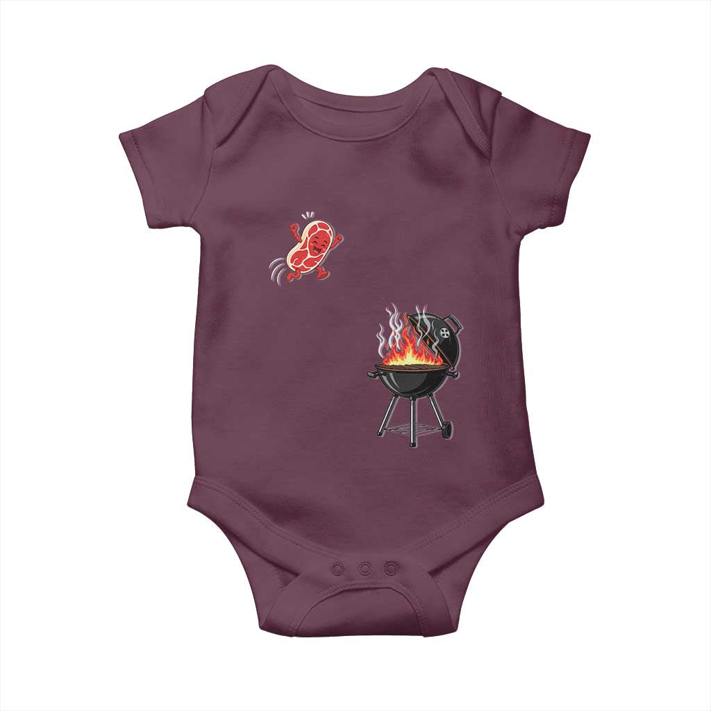 Funny BBQ Steak Meme Cute Meat Jumping Into Grill Baby Onesie TS11 Maroon Print Your Wear