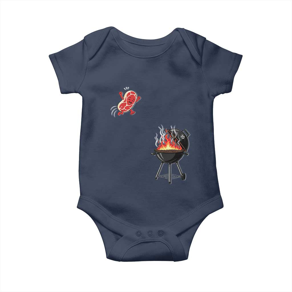 Funny BBQ Steak Meme Cute Meat Jumping Into Grill Baby Onesie TS11 Navy Print Your Wear