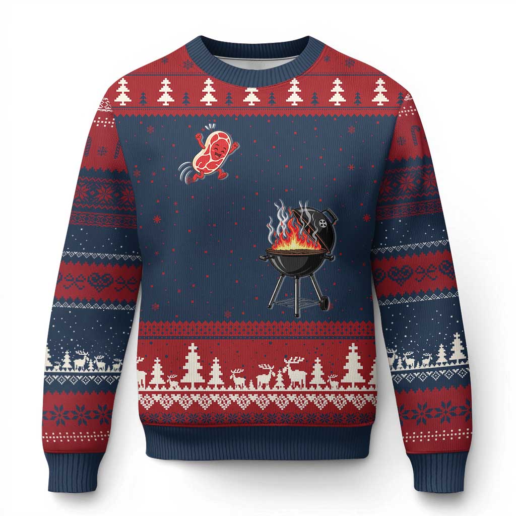 Funny BBQ Steak Meme Cute Meat Jumping Into Grill Ugly Christmas Sweater TS11 Navy Red Print Your Wear