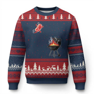 Funny BBQ Steak Meme Cute Meat Jumping Into Grill Ugly Christmas Sweater TS11 Navy Red Print Your Wear