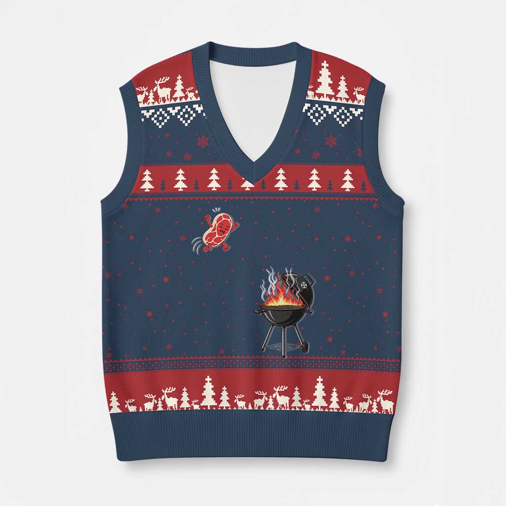 Funny BBQ Steak Meme Cute Meat Jumping Into Grill V-Neck Knit Sweater Vest TS11 Navy Red Print Your Wear