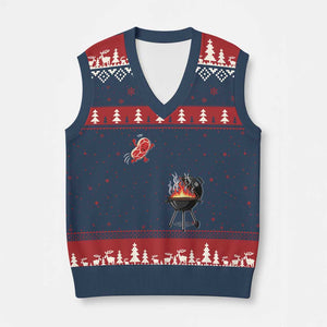 Funny BBQ Steak Meme Cute Meat Jumping Into Grill V-Neck Knit Sweater Vest TS11 Navy Red Print Your Wear