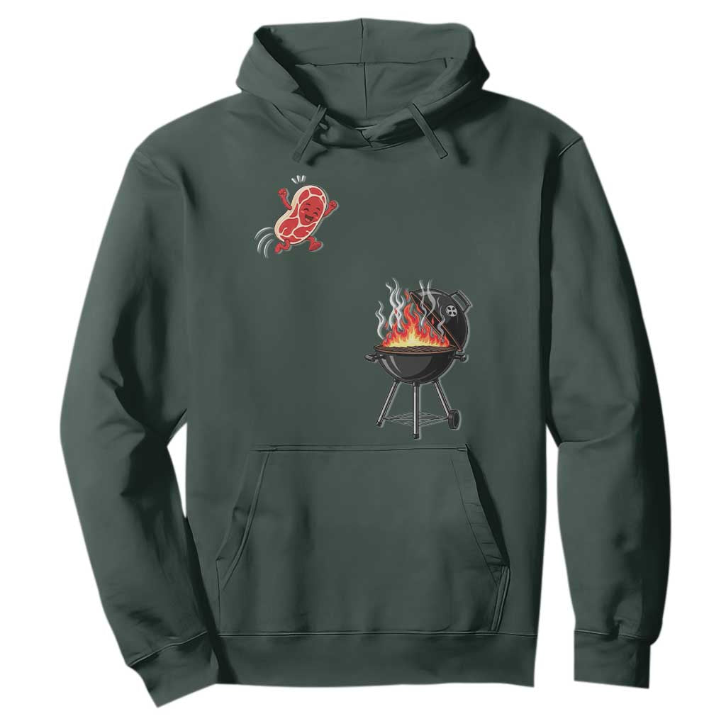 Funny BBQ Steak Meme Cute Meat Jumping Into Grill Hoodie TS11 Dark Forest Green Print Your Wear