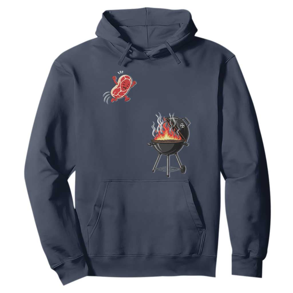 Funny BBQ Steak Meme Cute Meat Jumping Into Grill Hoodie TS11 Navy Print Your Wear