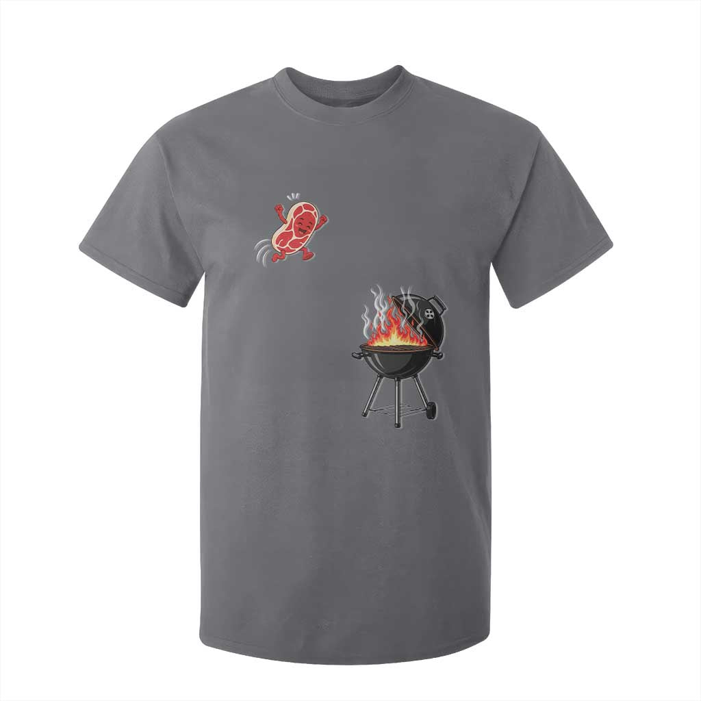 Funny BBQ Steak Meme Cute Meat Jumping Into Grill T Shirt For Kid TS11 Charcoal Print Your Wear
