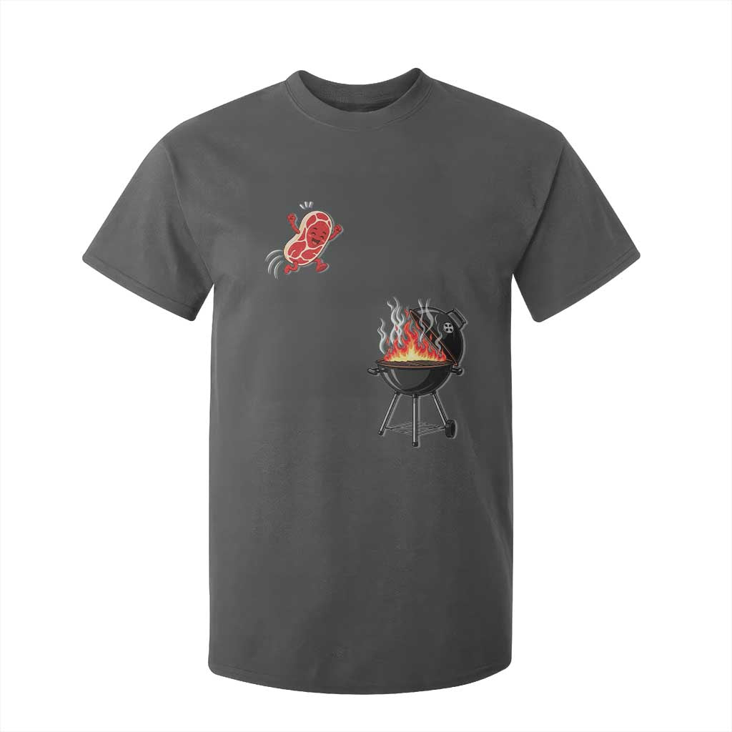 Funny BBQ Steak Meme Cute Meat Jumping Into Grill T Shirt For Kid TS11 Dark Heather Print Your Wear