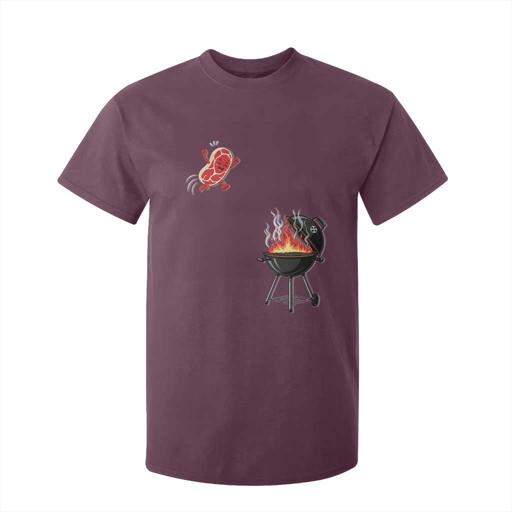Funny BBQ Steak Meme Cute Meat Jumping Into Grill T Shirt For Kid TS11 Maroon Print Your Wear
