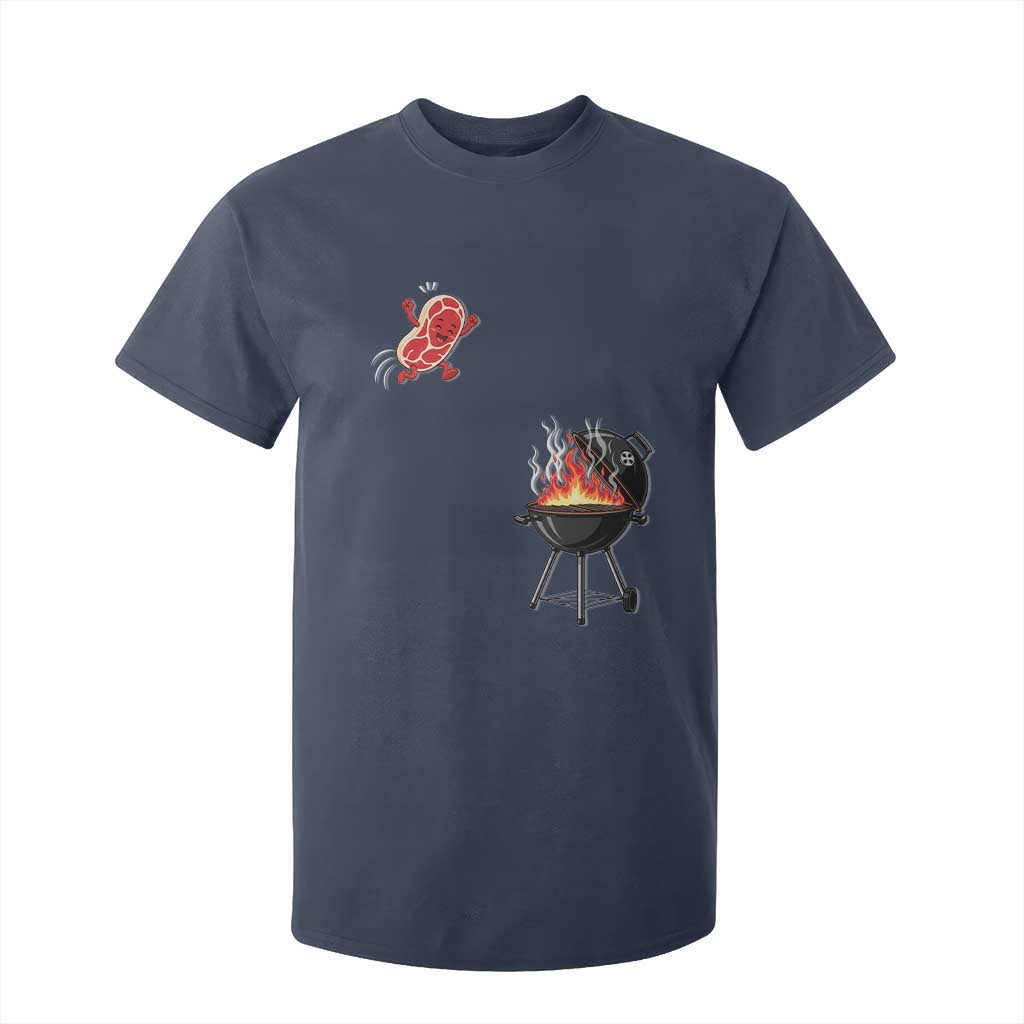 Funny BBQ Steak Meme Cute Meat Jumping Into Grill T Shirt For Kid TS11 Navy Print Your Wear