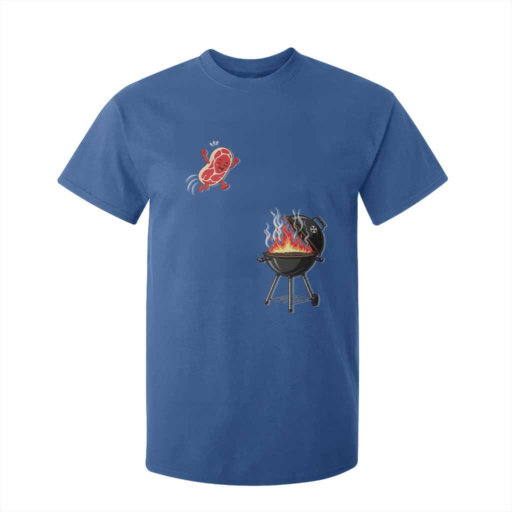Funny BBQ Steak Meme Cute Meat Jumping Into Grill T Shirt For Kid TS11 Royal Blue Print Your Wear