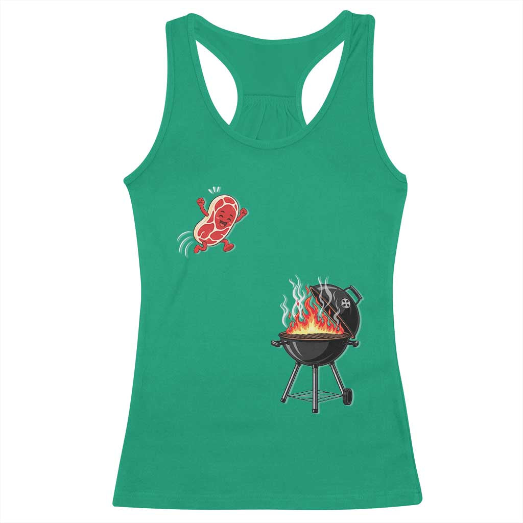 Funny BBQ Steak Meme Cute Meat Jumping Into Grill Racerback Tank Top TS11 Irish Green Print Your Wear