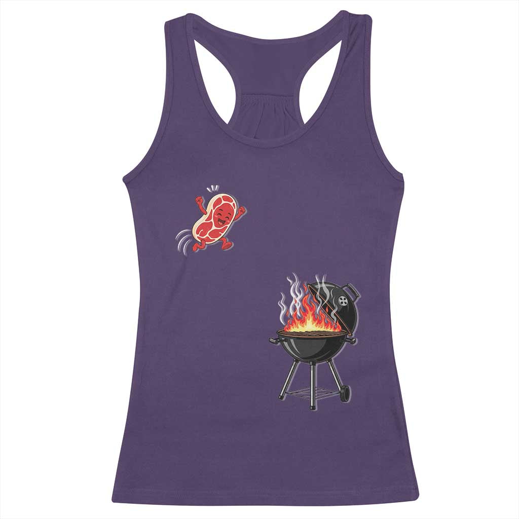 Funny BBQ Steak Meme Cute Meat Jumping Into Grill Racerback Tank Top TS11 Purple Print Your Wear