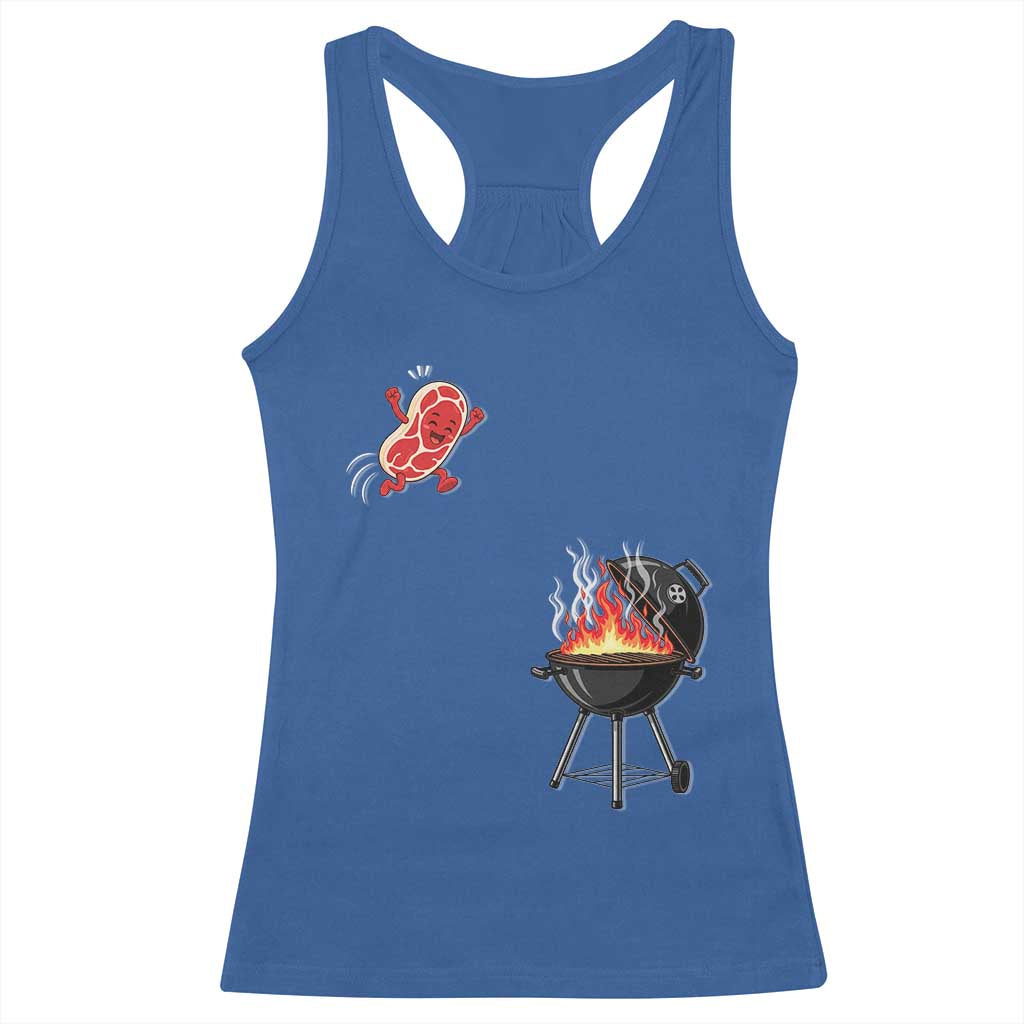 Funny BBQ Steak Meme Cute Meat Jumping Into Grill Racerback Tank Top TS11 Royal Blue Print Your Wear