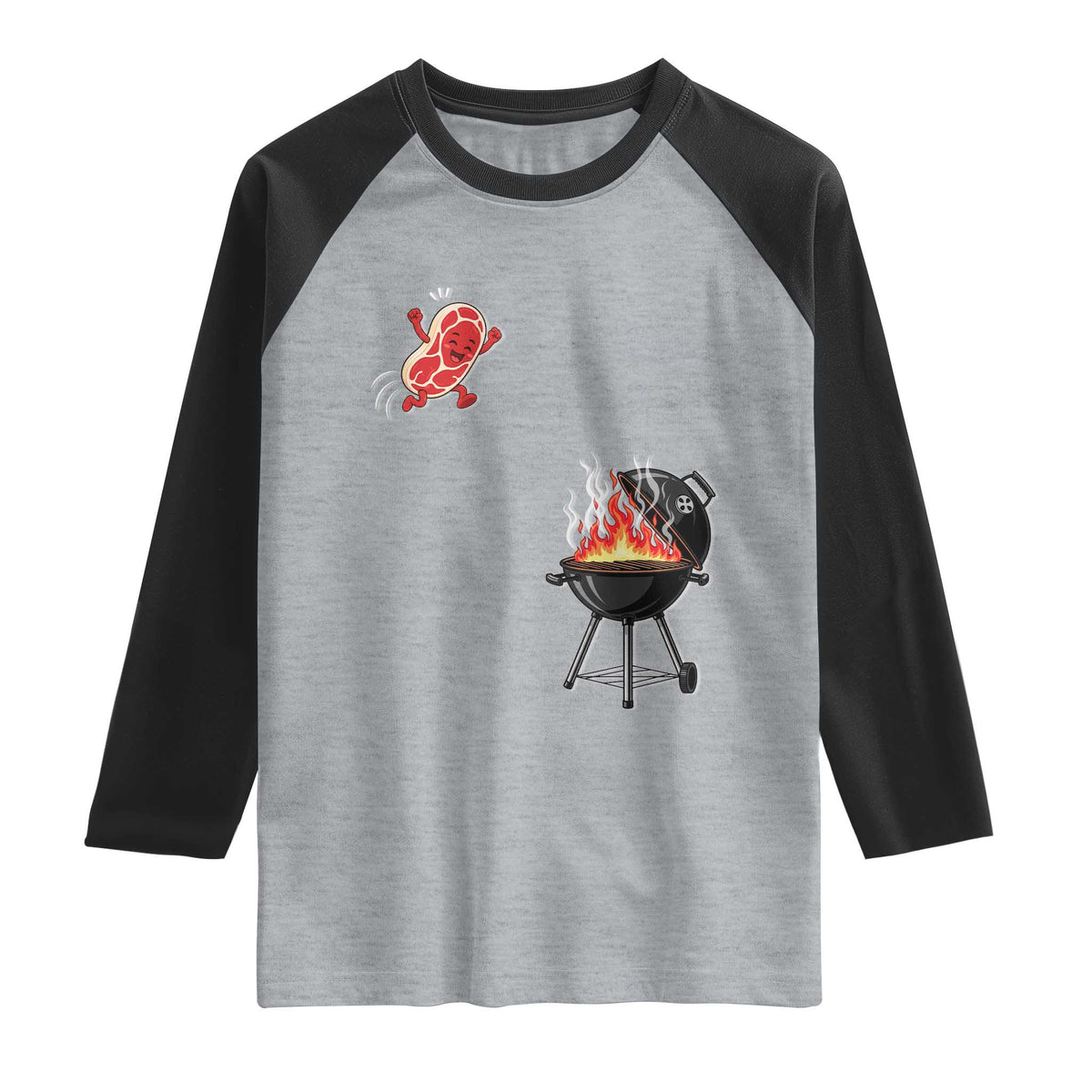Funny BBQ Steak Meme Cute Meat Jumping Into Grill Raglan Shirt TS11 Heather Gray Black Print Your Wear