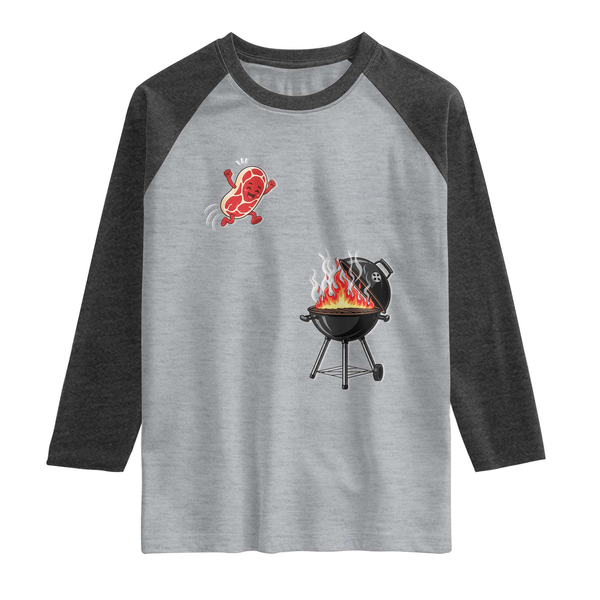Funny BBQ Steak Meme Cute Meat Jumping Into Grill Raglan Shirt TS11 Heather Gray Heather Charcoal Print Your Wear