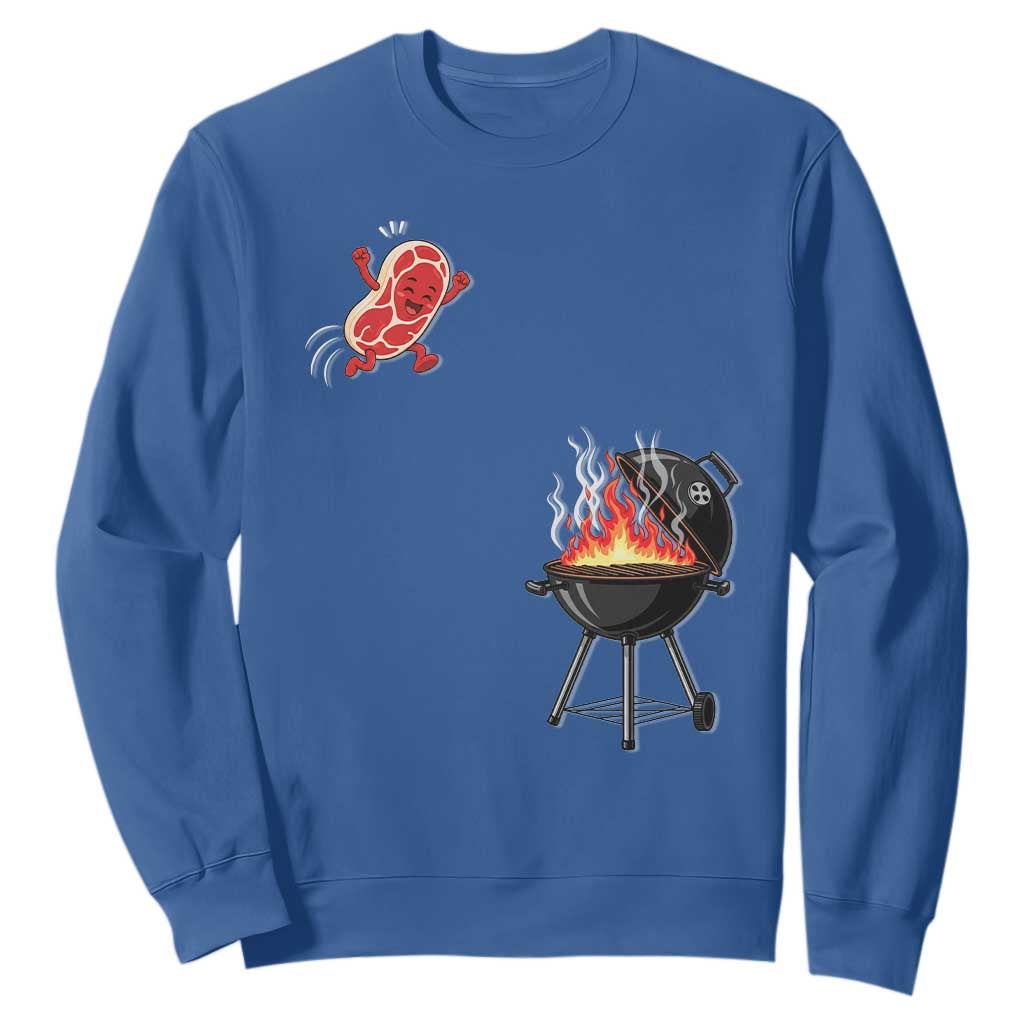Funny BBQ Steak Meme Cute Meat Jumping Into Grill Sweatshirt TS11 Royal Blue Print Your Wear