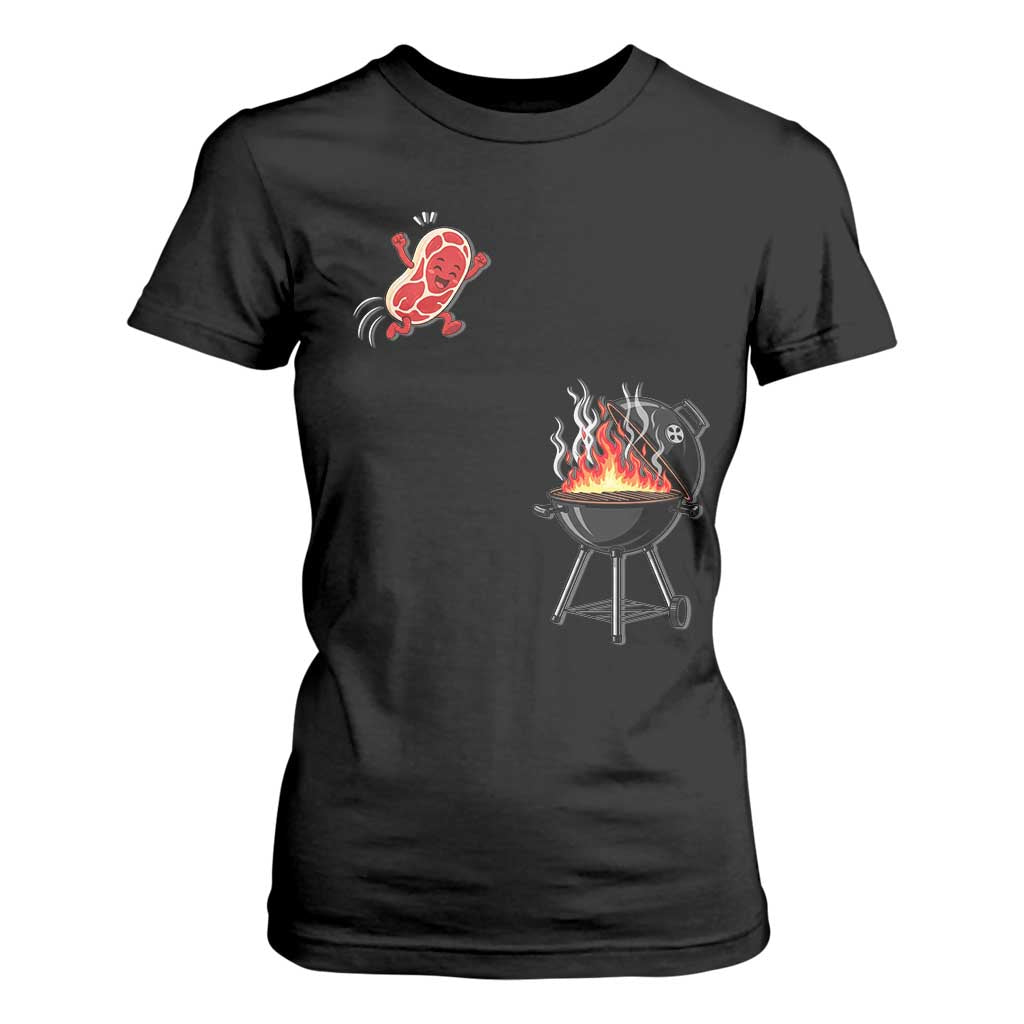 Funny BBQ Steak Meme Cute Meat Jumping Into Grill T Shirt For Women TS11 Black Print Your Wear