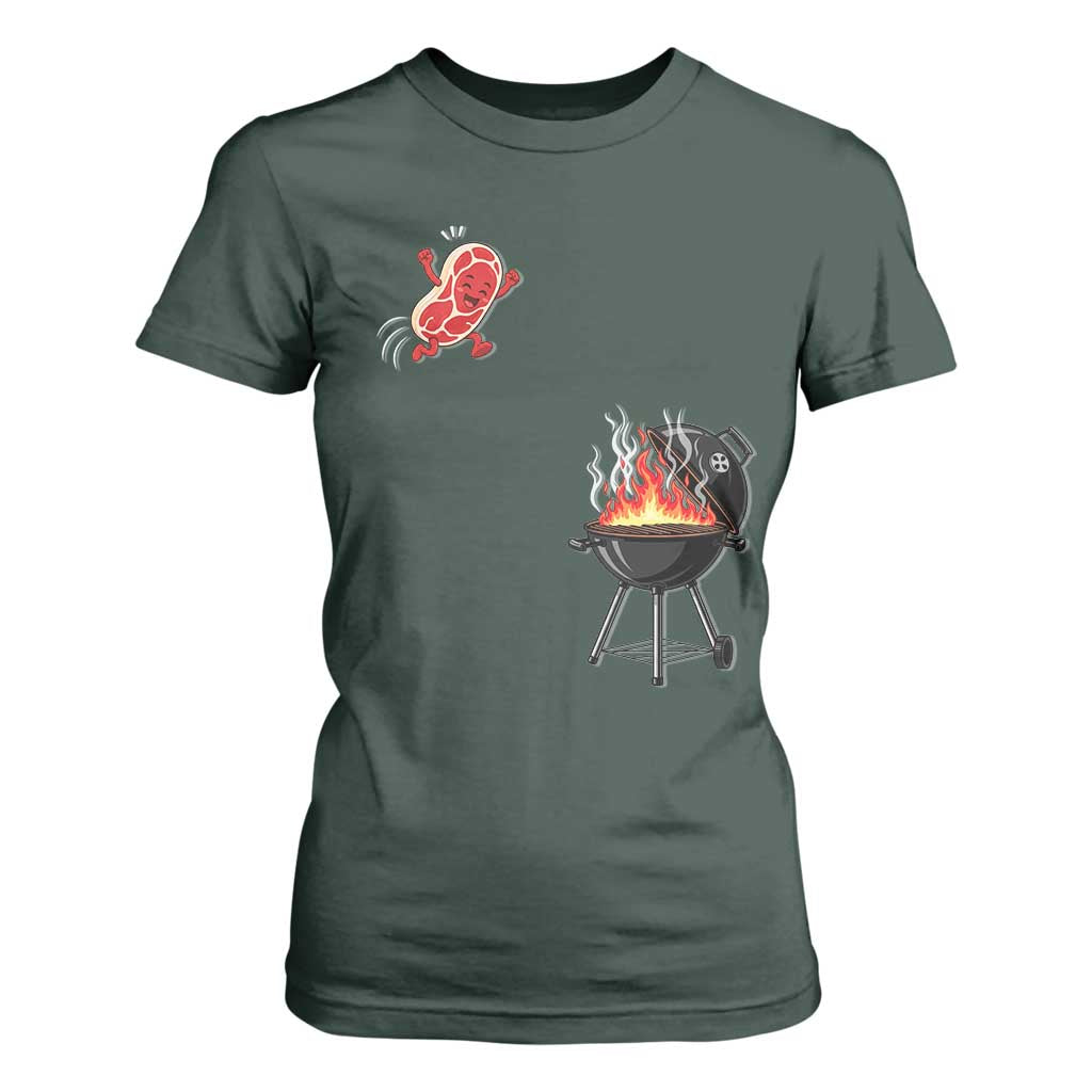 Funny BBQ Steak Meme Cute Meat Jumping Into Grill T Shirt For Women TS11 Dark Forest Green Print Your Wear