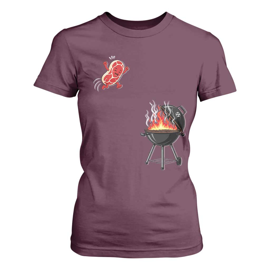 Funny BBQ Steak Meme Cute Meat Jumping Into Grill T Shirt For Women TS11 Maroon Print Your Wear