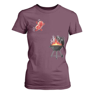 Funny BBQ Steak Meme Cute Meat Jumping Into Grill T Shirt For Women TS11 Maroon Print Your Wear