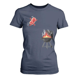 Funny BBQ Steak Meme Cute Meat Jumping Into Grill T Shirt For Women TS11 Navy Print Your Wear
