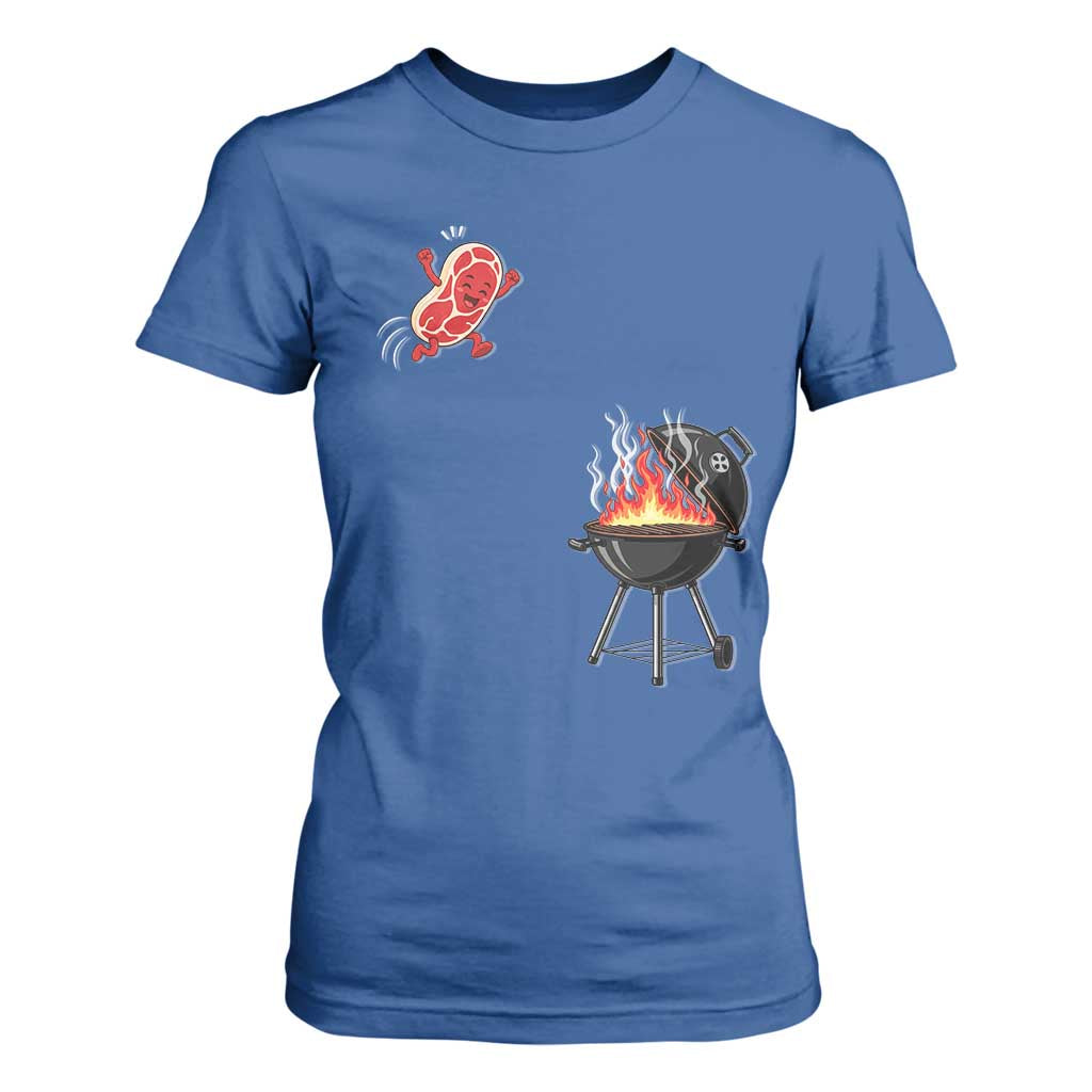 Funny BBQ Steak Meme Cute Meat Jumping Into Grill T Shirt For Women TS11 Royal Blue Print Your Wear