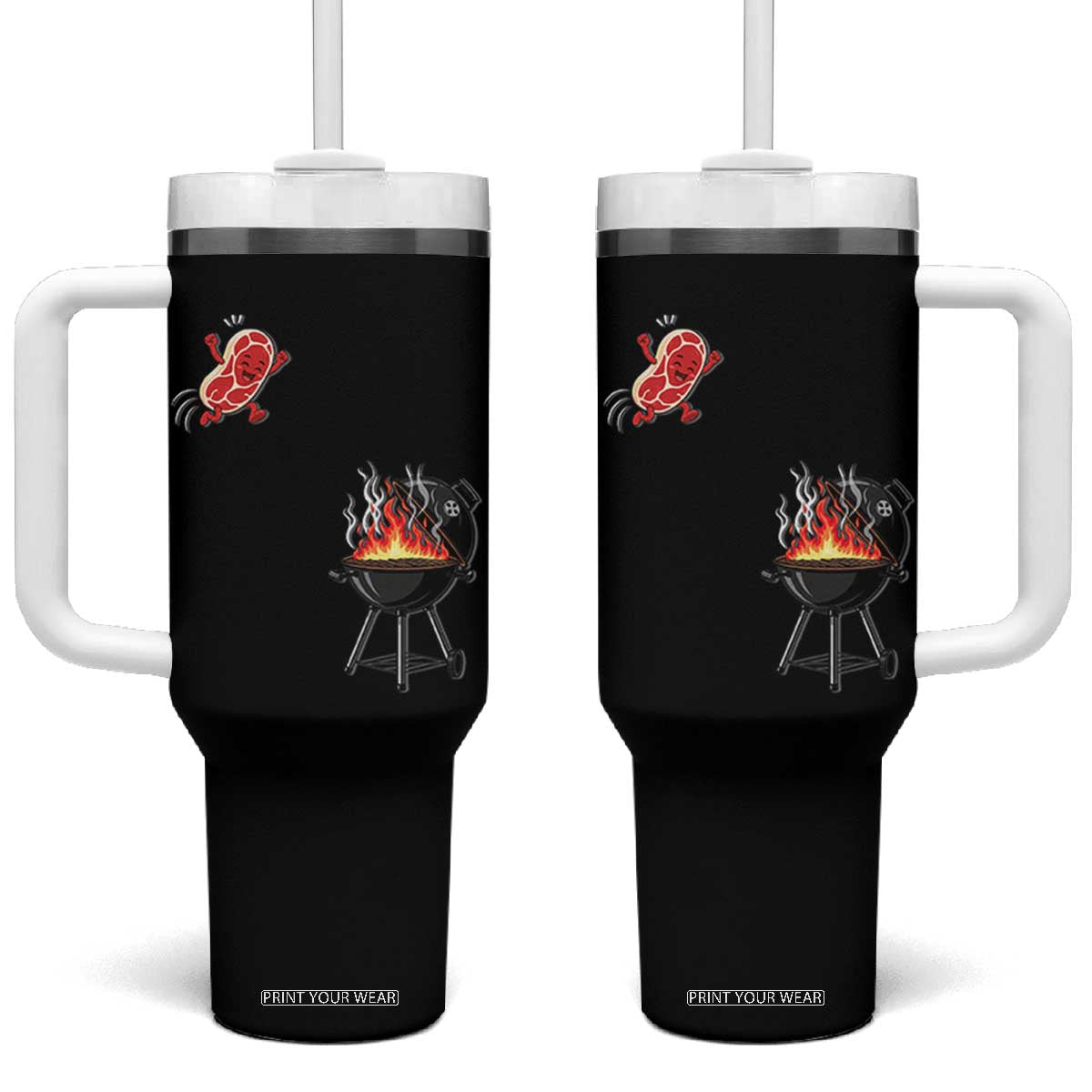 Funny BBQ Steak Meme Cute Meat Jumping Into Grill Tumbler With Handle TS11 One Size: 40 oz Black Print Your Wear