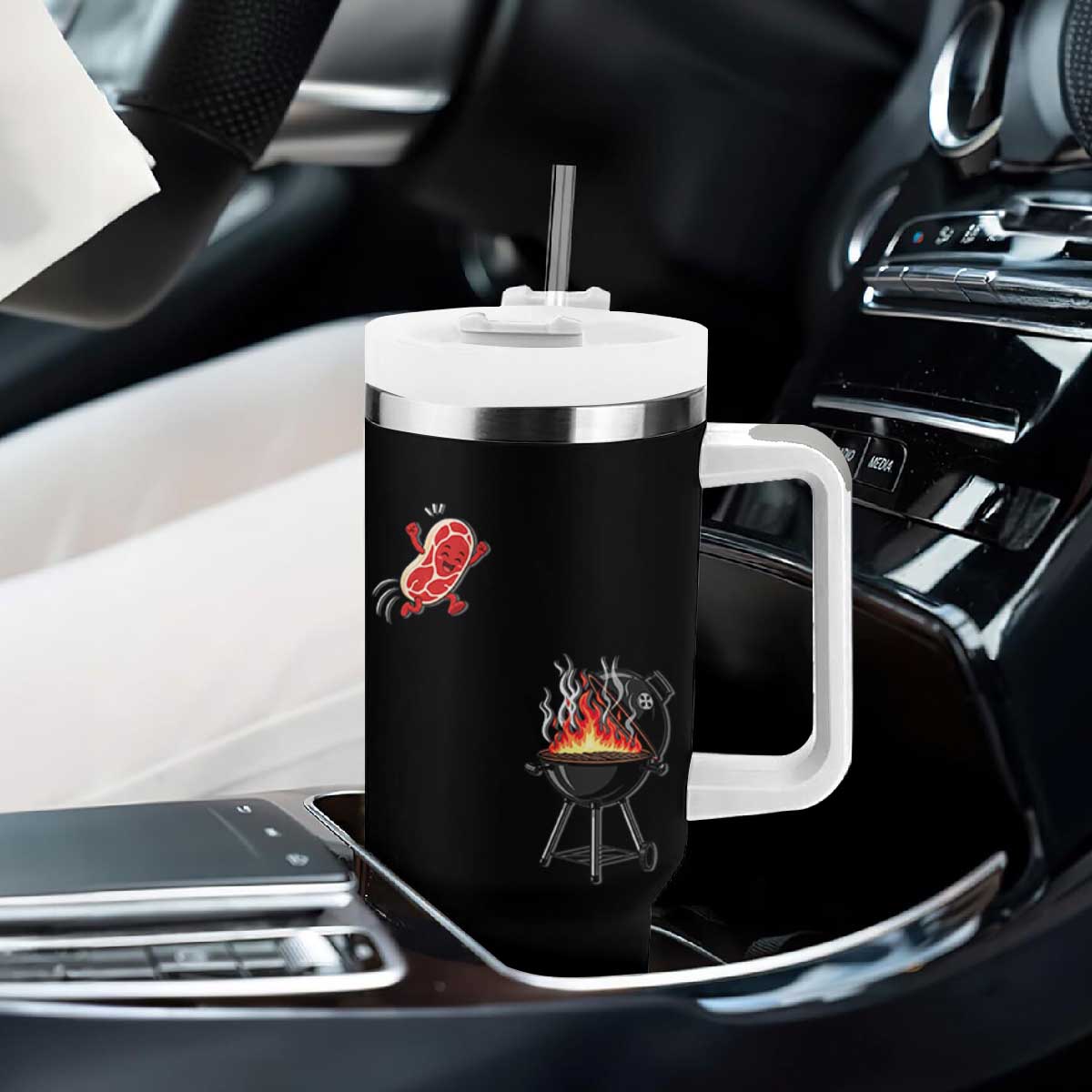 Funny BBQ Steak Meme Cute Meat Jumping Into Grill Tumbler With Handle TS11 Print Your Wear