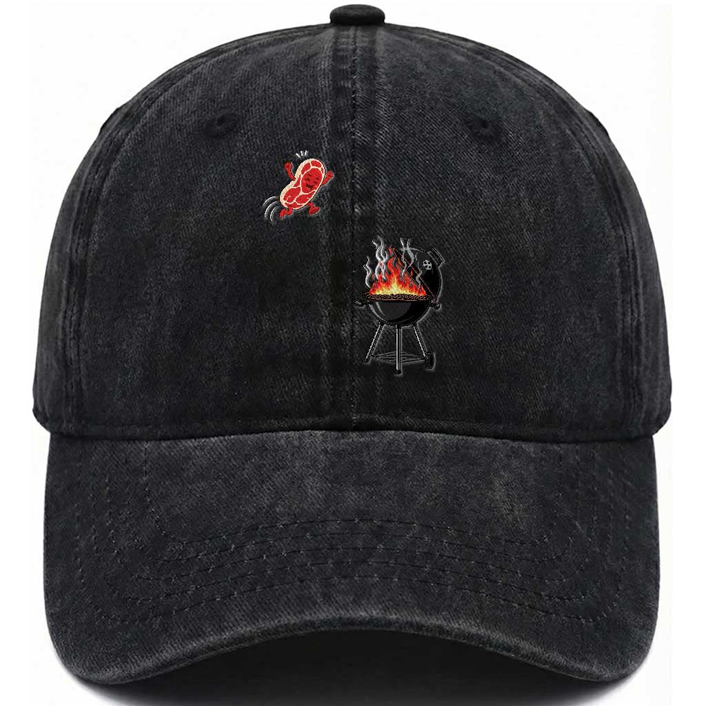 Funny BBQ Steak Meme Cute Meat Jumping Into Grill Washed Cotton Baseball Cap TS11 Print Your Wear