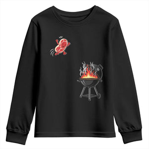 Funny BBQ Steak Meme Cute Meat Jumping Into Grill Youth Sweatshirt TS11 Black Print Your Wear