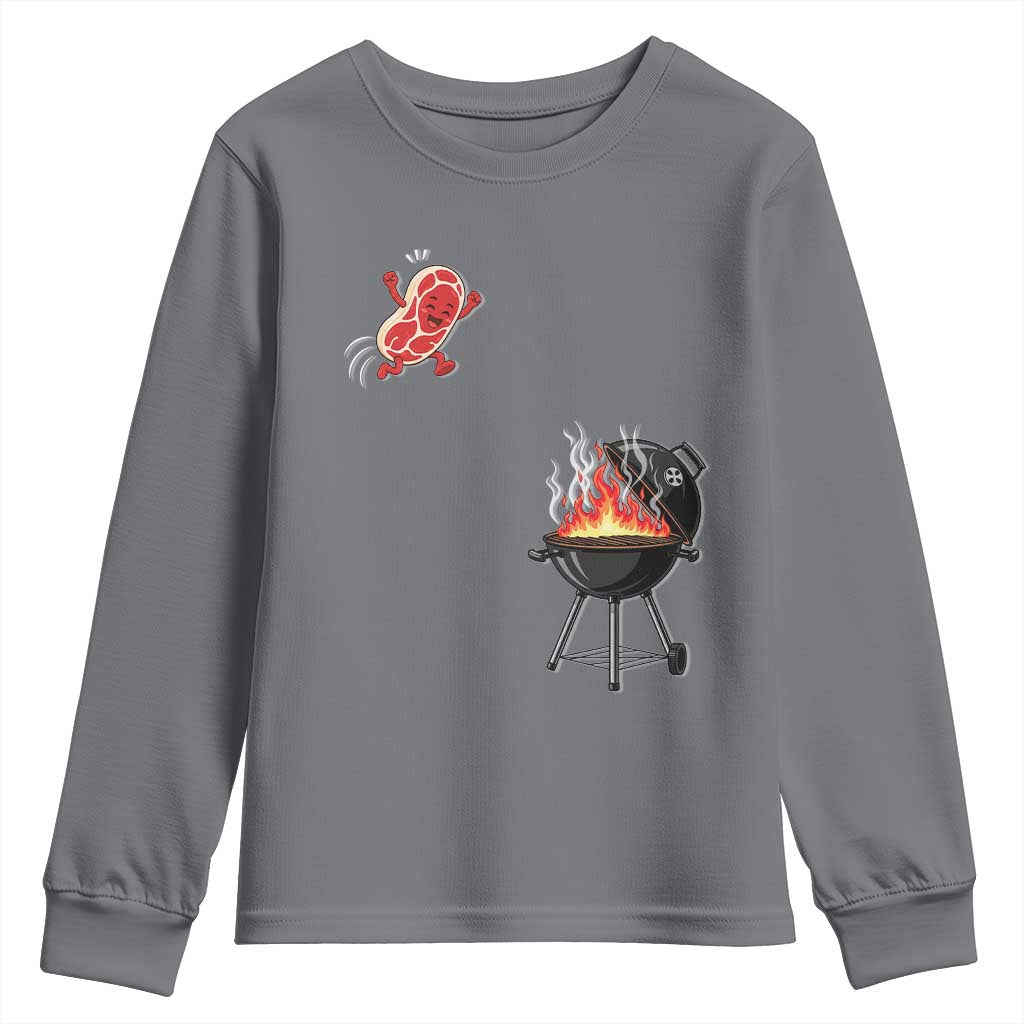 Funny BBQ Steak Meme Cute Meat Jumping Into Grill Youth Sweatshirt TS11 Charcoal Print Your Wear
