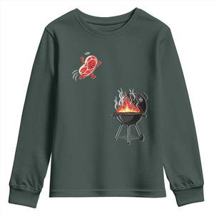 Funny BBQ Steak Meme Cute Meat Jumping Into Grill Youth Sweatshirt TS11 Dark Forest Green Print Your Wear