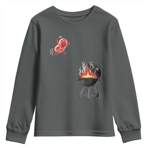 Funny BBQ Steak Meme Cute Meat Jumping Into Grill Youth Sweatshirt TS11 Dark Heather Print Your Wear