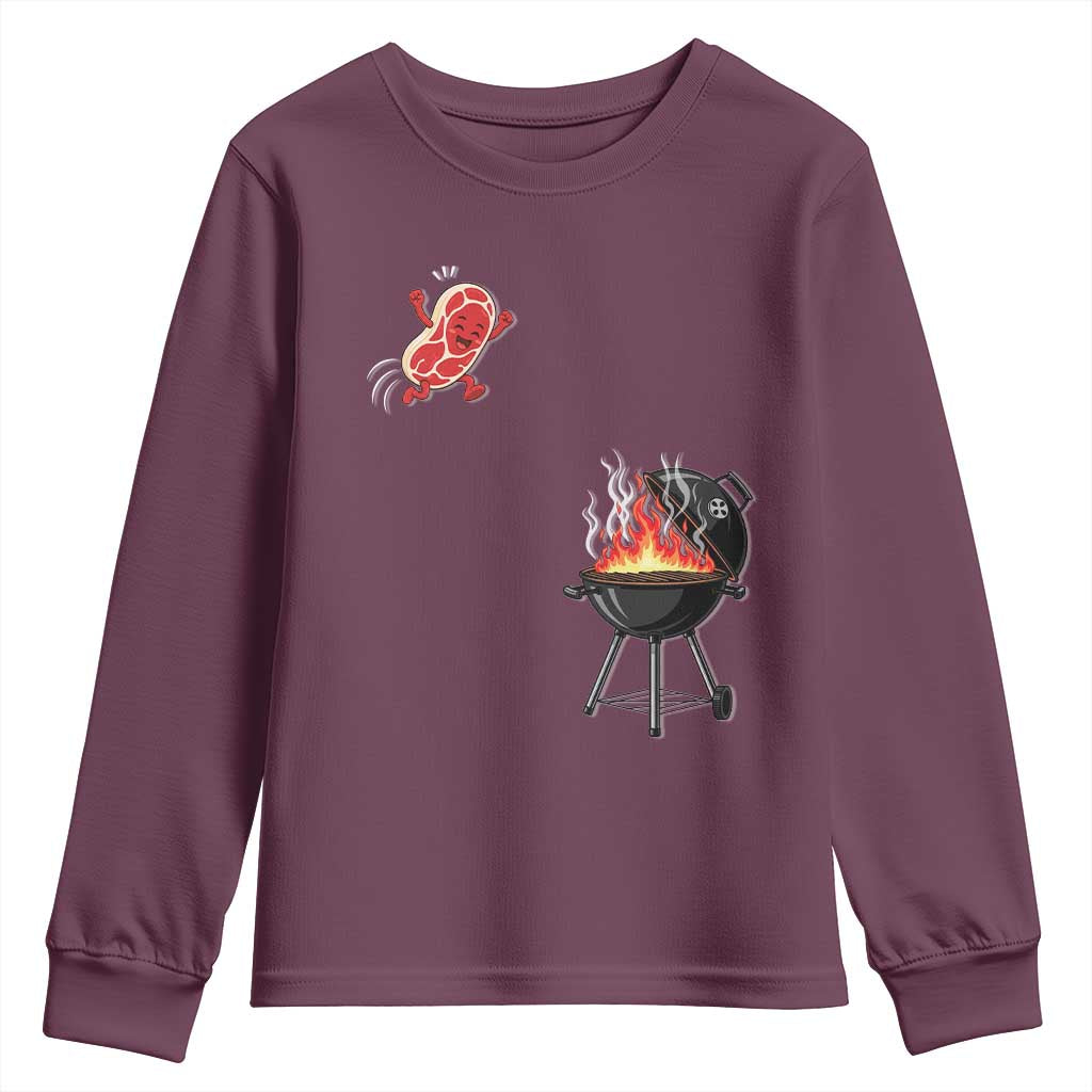 Funny BBQ Steak Meme Cute Meat Jumping Into Grill Youth Sweatshirt TS11 Maroon Print Your Wear