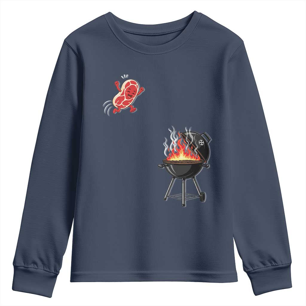 Funny BBQ Steak Meme Cute Meat Jumping Into Grill Youth Sweatshirt TS11 Navy Print Your Wear