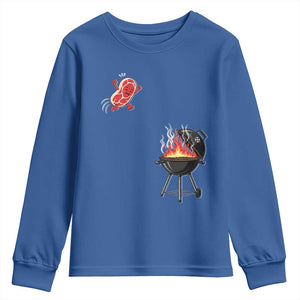 Funny BBQ Steak Meme Cute Meat Jumping Into Grill Youth Sweatshirt TS11 Royal Blue Print Your Wear