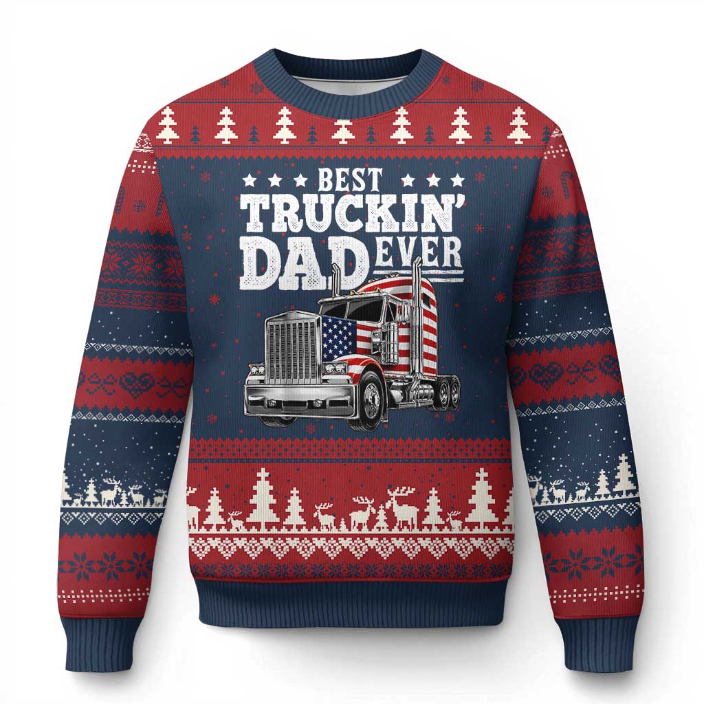 Best Truckin Dad Ever Ugly Christmas Sweater Funny Rig Trucker Fathers Day TS11 Navy Red Print Your Wear