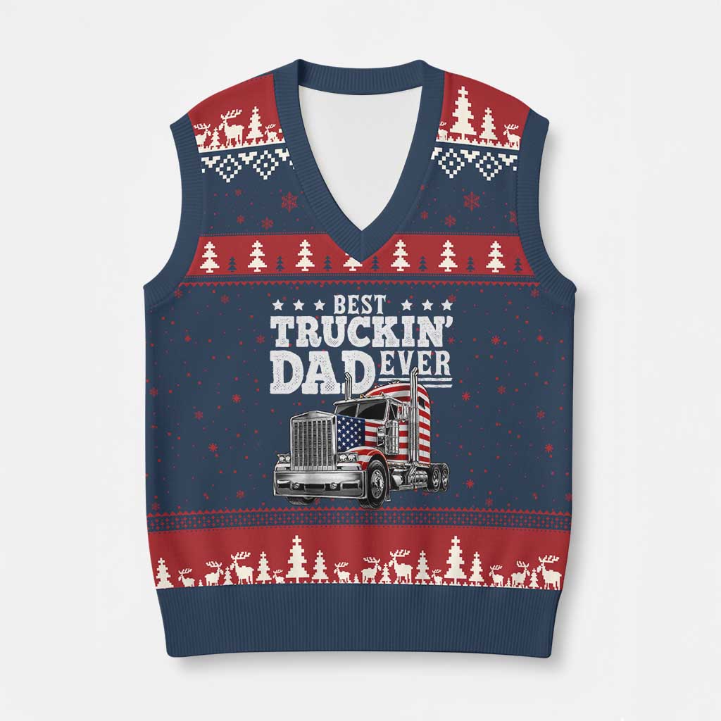Best Truckin Dad Ever V-Neck Knit Sweater Vest Funny Rig Trucker Fathers Day TS11 Navy Red Print Your Wear