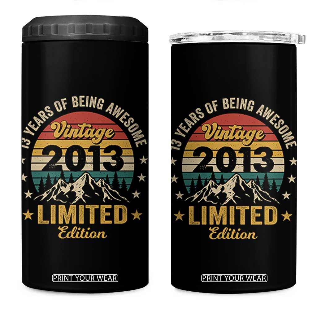 13th Birthday 4 in 1 Can Cooler Tumbler Vintage 2013 Limited Edition Retro 13 Years Of Being Awesome Mountain