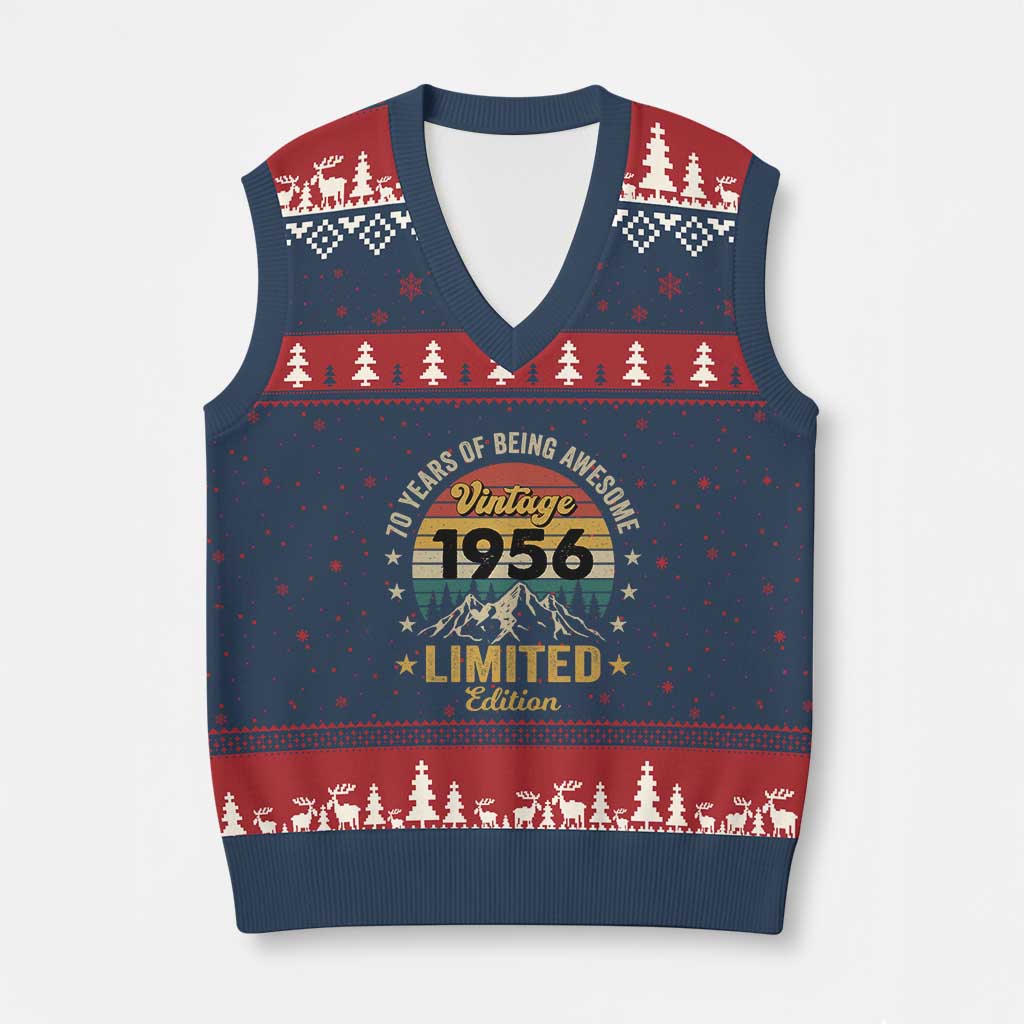 70th Birthday V-Neck Knit Sweater Vest Vintage 1956 Limited Edition Retro 70 Years Of Being Awesome Mountain TS11 Navy Red Print Your Wear