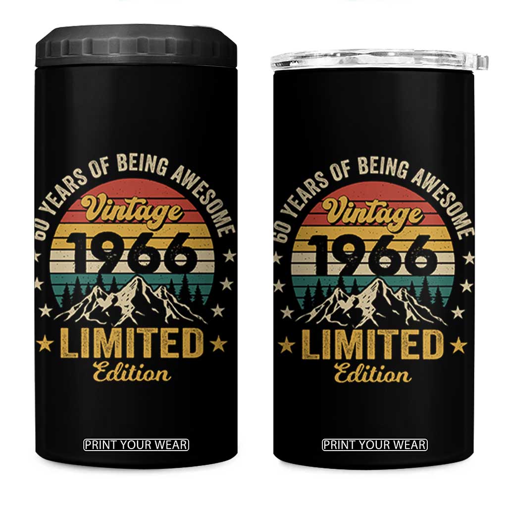 60th Birthday 4 in 1 Can Cooler Tumbler Vintage 1966 Limited Edition Retro 60 Years Of Being Awesome Mountain TS11 One Size: 16 oz Black Print Your Wear