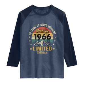 60th Birthday Raglan Shirt Vintage 1966 Limited Edition Retro 60 Years Of Being Awesome Mountain TS11 Heather Denim Navy Print Your Wear