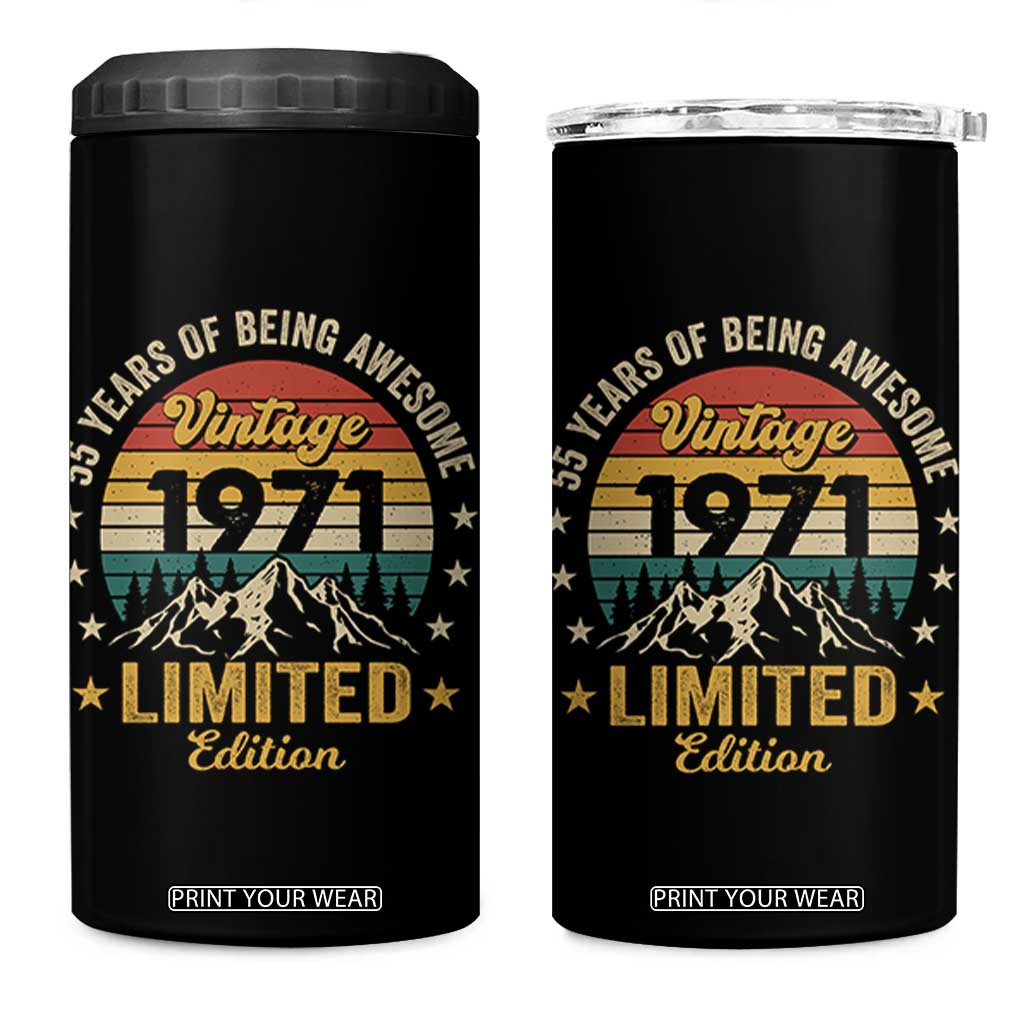 55th Birthday 4 in 1 Can Cooler Tumbler Vintage 1971 Limited Edition Retro 55 Years Of Being Awesome Mountain TS11 One Size: 16 oz Black Print Your Wear