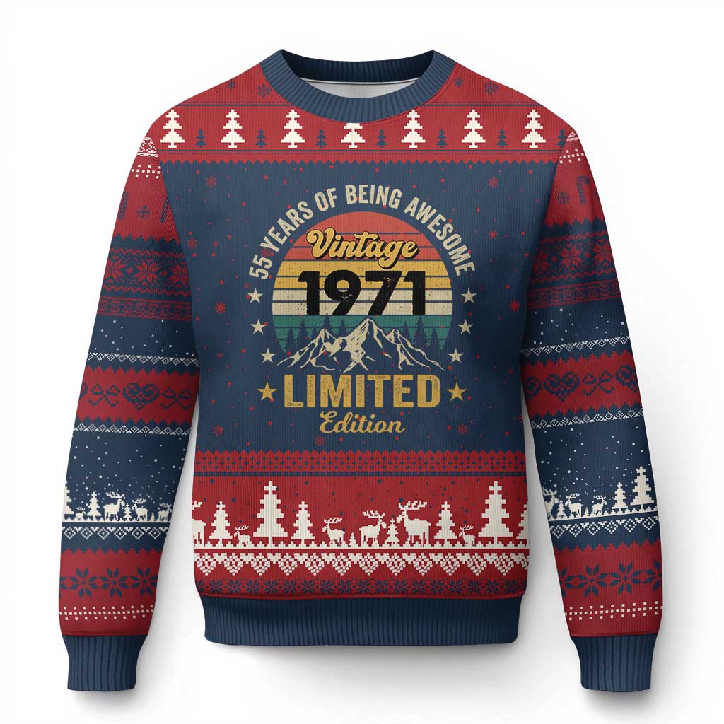 55th Birthday Ugly Christmas Sweater Vintage 1971 Limited Edition Retro 55 Years Of Being Awesome Mountain TS11 Navy Red Print Your Wear