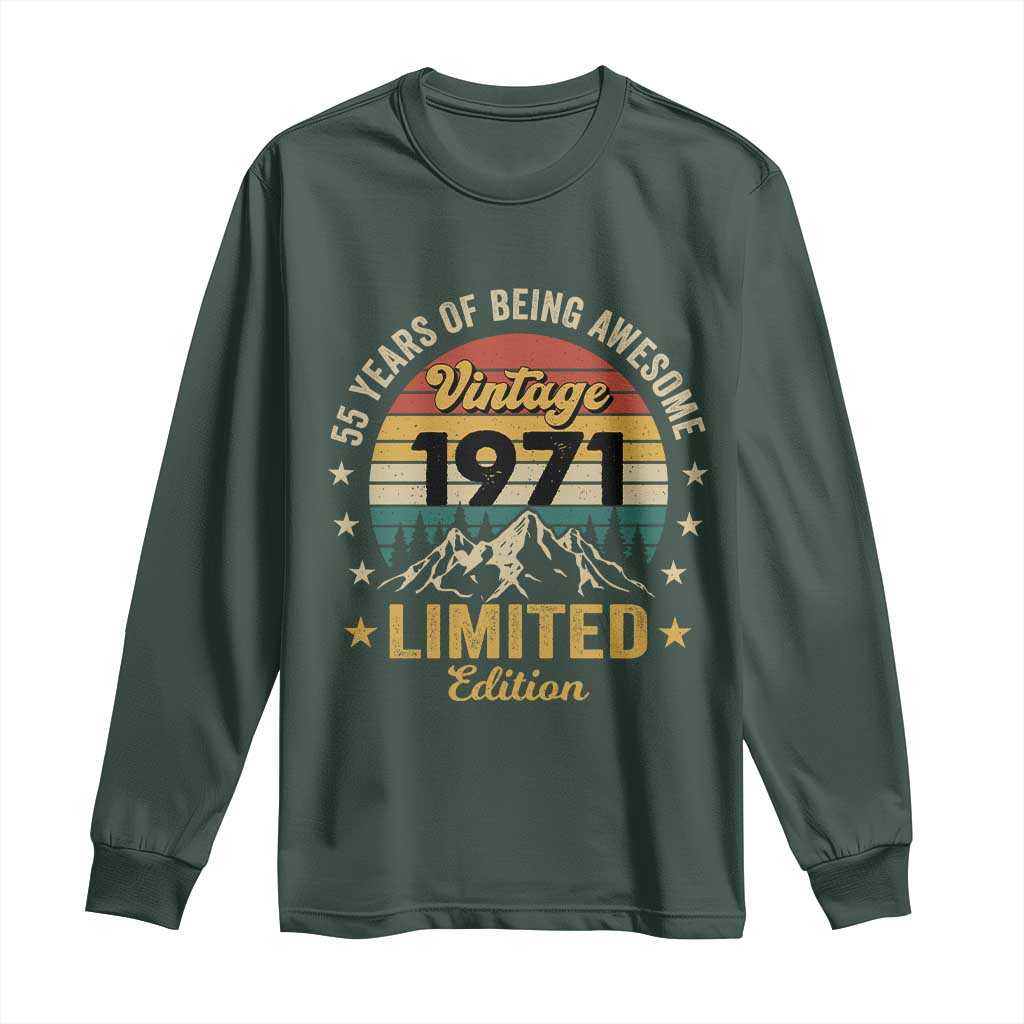 55th Birthday Long Sleeve Shirt Vintage 1971 Limited Edition Retro 55 Years Of Being Awesome Mountain TS11 Dark Forest Green Print Your Wear