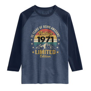 55th Birthday Raglan Shirt Vintage 1971 Limited Edition Retro 55 Years Of Being Awesome Mountain TS11 Heather Denim Navy Print Your Wear