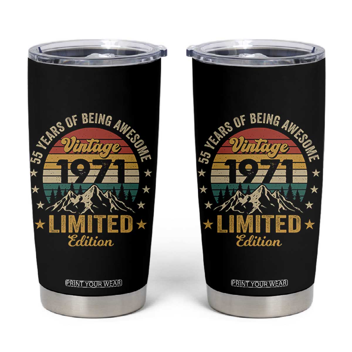 55th Birthday Tumbler Cup Vintage 1971 Limited Edition Retro 55 Years Of Being Awesome Mountain TS11 Black Print Your Wear